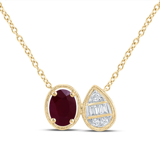14kt Yellow Gold 1/10 Cttw Diamond Ana M 7x5mm Oval Ruby Natural Gem Pear Ovalal Necklace, Length: 18 Inch