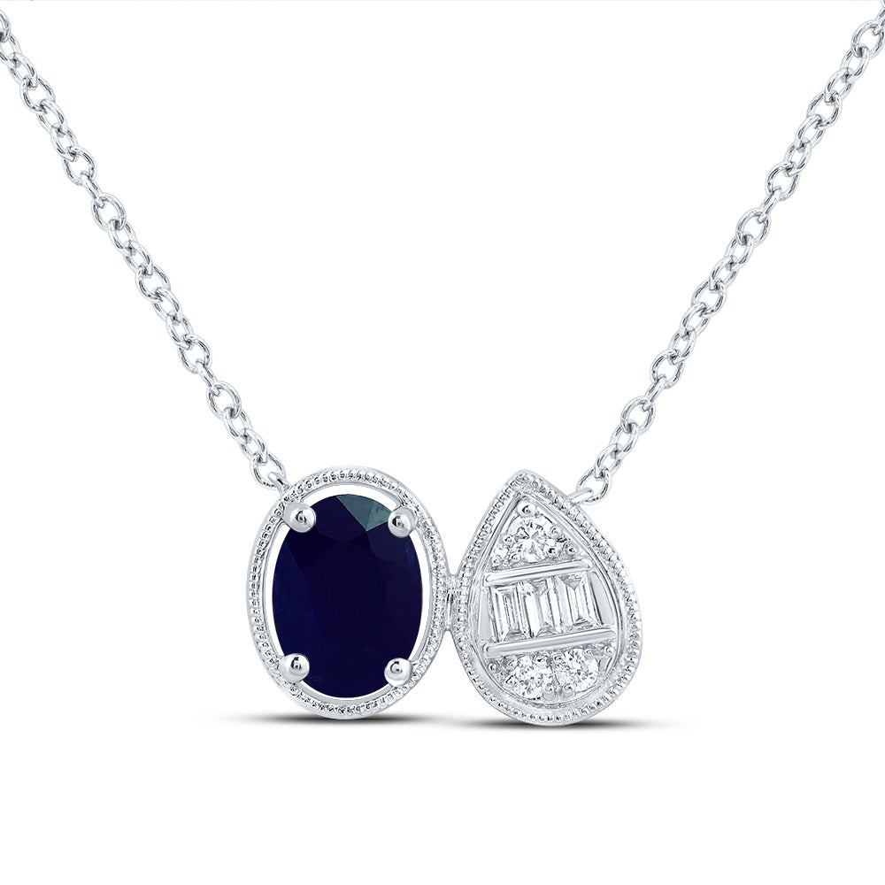 14kt White Gold 1/10 Cttw Diamond Ana M 7x5mm Oval Blue Sapphire Natural Gem Pear- Oval Necklace, Length: 18 Inch