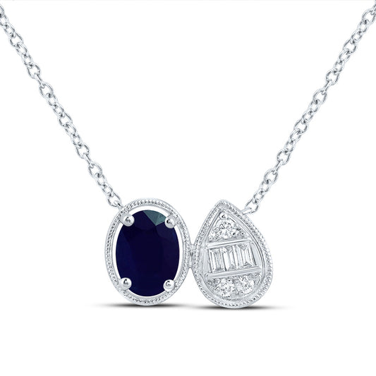 14kt White Gold 1/10 Cttw Diamond Ana M 7x5mm Oval Blue Sapphire Natural Gem Pear- Oval Necklace, Length: 18 Inch
