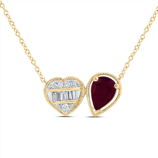14kt Yellow Gold 1/8 Cttw Natural Diamond Ana M 7x5mm Pear Ruby Natural Gem Pear-heart Necklace, Length: 18 Inch