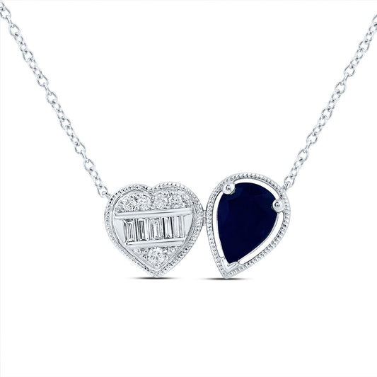 14kt Yellow Gold 1/8 Cttw Natural Diamond Ana M 7x5mm Pear Blue Sapphire Natural Gem Pear-heart Necklace, Length: 18 Inch