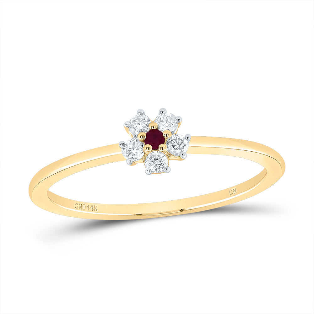 14kt Yellow Gold 1/10 Cttw Diamond 1.55mm Round Ruby Natural Gem Flower Wedding Engagement Anniversary Ladies Ring, Women Size: 5-9