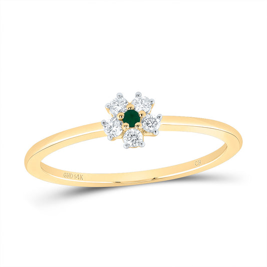 14kt Yellow Gold 1/10 Cttw Diamond 1.55mm Round Emerald Natural Gem Flower Wedding Engagement Anniversary Ladies Ring, Women Size: 5-9
