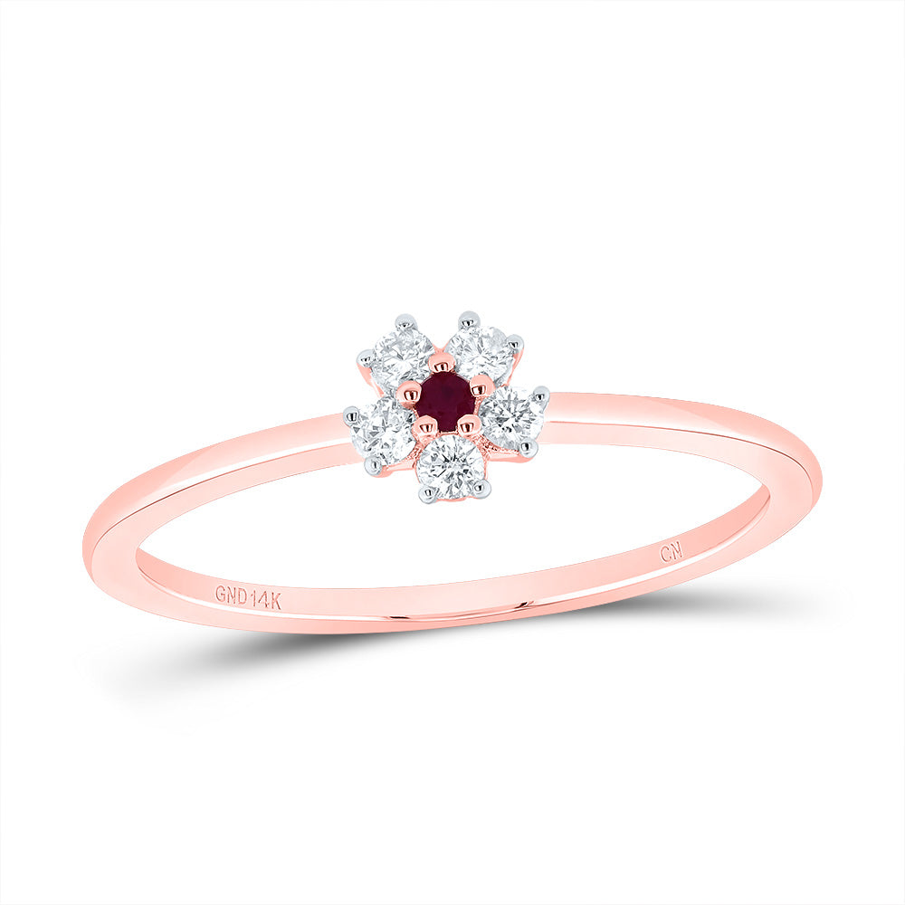 14kt Rose Gold 1/10 Cttw Diamond 1.55mm Round Ruby Natural Gem Flower Wedding Engagement Anniversary Ladies Ring, Women Size: 5-9