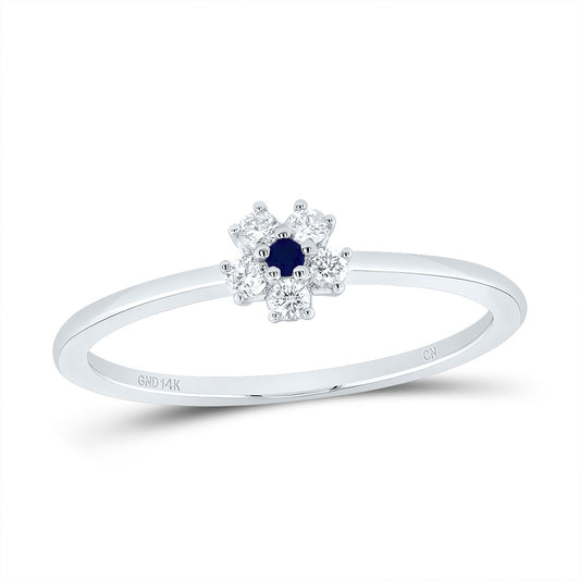 14kt White Gold 1/10 Cttw Diamond 1.55mm Round Blue Sapphire Natural Gem Flower Wedding Engagement Anniversary Ladies Ring, Women Size: 5-9