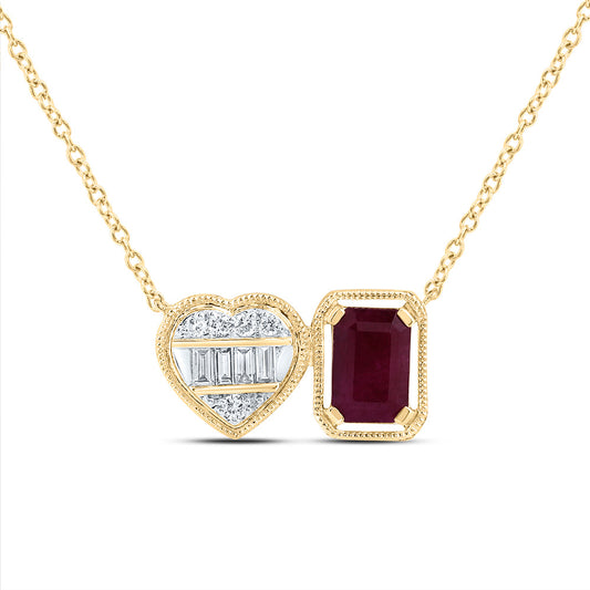 14kt Yellow Gold 1/10 Cttw Natural Diamond Ana M 6x4mm-em Ruby Natural Gem Emerald-heart Necklace, Length: 18 Inch