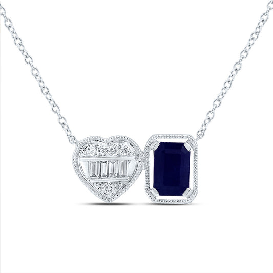 14kt White Gold 1/10 Cttw Natural Diamond Ana M 6x4mm-em Blue Sapphire Natural Gem Emerald-heart Necklace, Length: 18 Inch