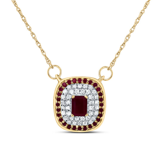 14kt Yellow Gold 1/8 Cttw Diamond and 1/8 Cttw Round-ru, 4x3mm-em Ruby Nat-gem Cushion Necklace, Length: 18 Inch