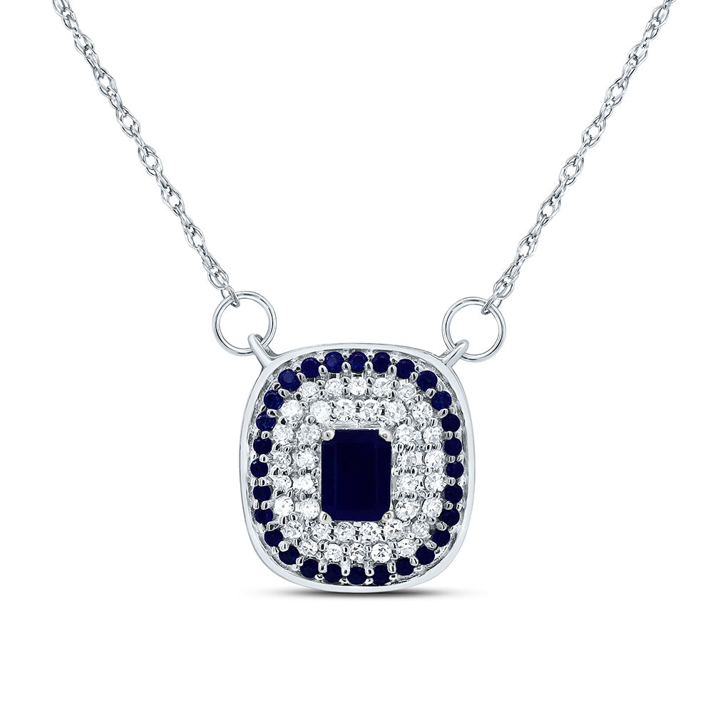 14kt White Gold 1/8 Cttw Diamond and 1/10 Cttw Round Blue Sapphire, 4x3mm-em Blue Sapphire Nat-gem Cushion Necklace, Length: 18 Inch