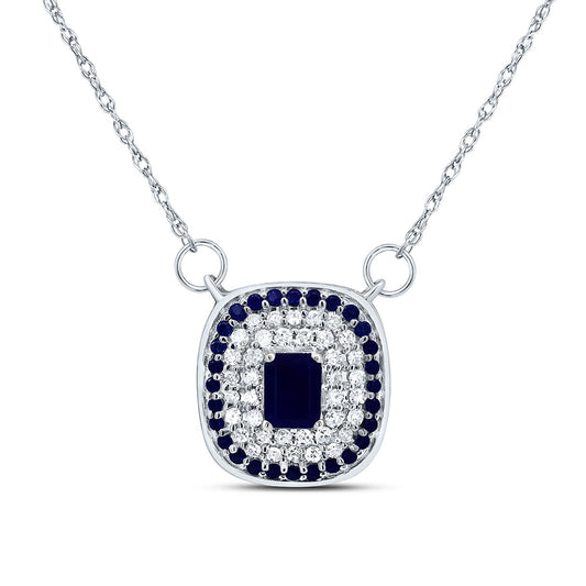 14kt White Gold 1/8 Cttw Diamond and 1/10 Cttw Round Blue Sapphire, 4x3mm-em Blue Sapphire Nat-gem Cushion Necklace, Length: 18 Inch