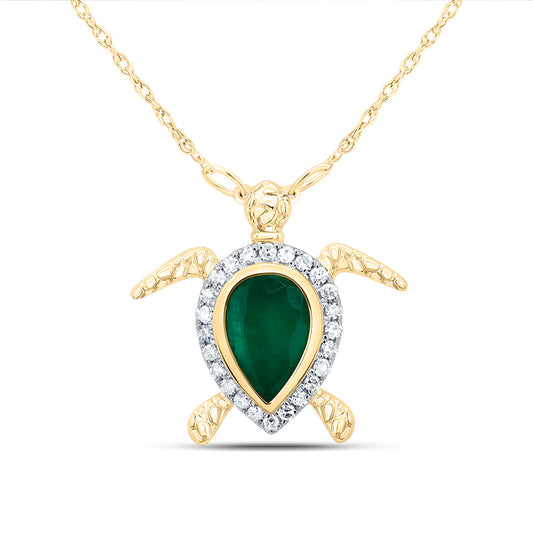14kt Yellow Gold 1/10 Cttw Diamond 7x5 Mm Pear Emerald Nat-gem Turtle Necklace, Length: 18 Inch