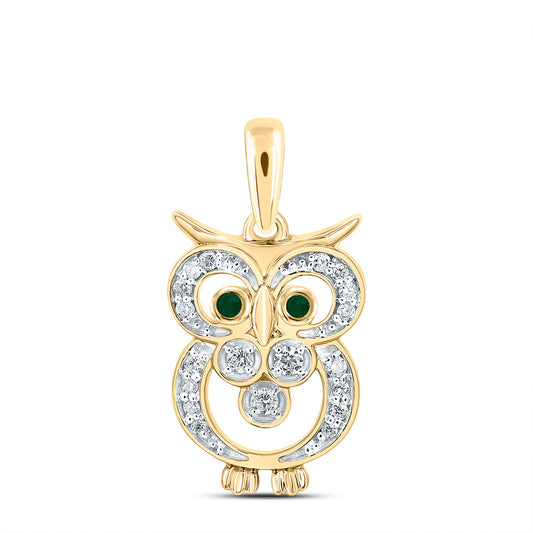 10kt Yellow Gold 1/10 Cttw Diamond 0.02 Cttw Round Emerald Nat-gem Owl Pendant