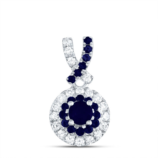 14kt White Gold 1/8 Cttw Diamond Ana M and 1/4 Cttw Round Blue Sapphire, Natural Gem Round Pendant