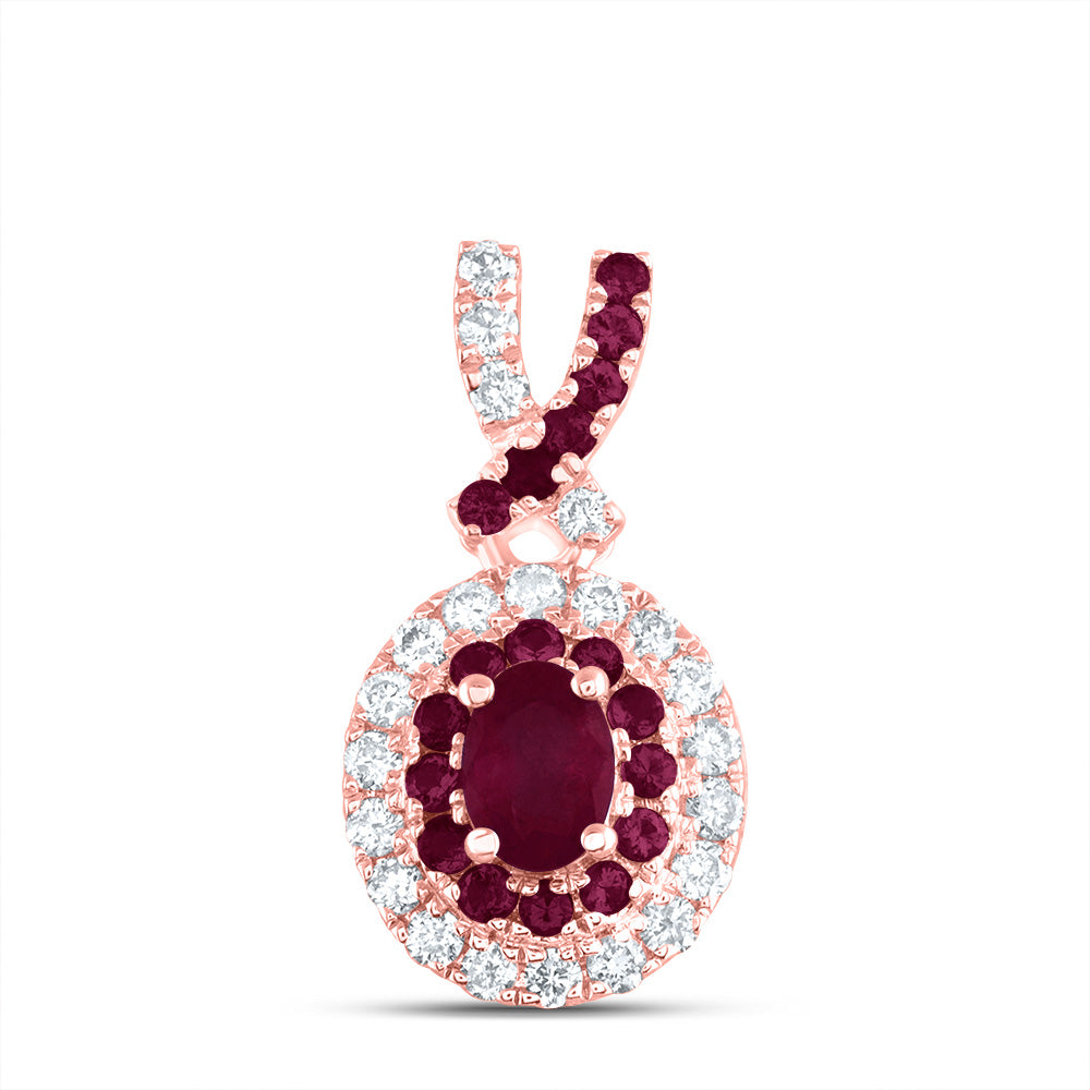 14kt Rose Gold 1/8 Cttw Diamond Ana M and 1/10 Cttw Round-ru, 4x3mm-ov-ru, Natural Gem Oval Pendant
