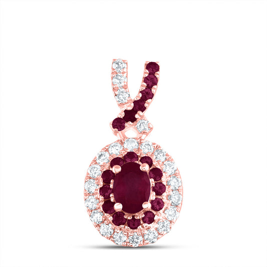 14kt Rose Gold 1/8 Cttw Diamond Ana M and 1/10 Cttw Round-ru, 4x3mm-ov-ru, Natural Gem Oval Pendant