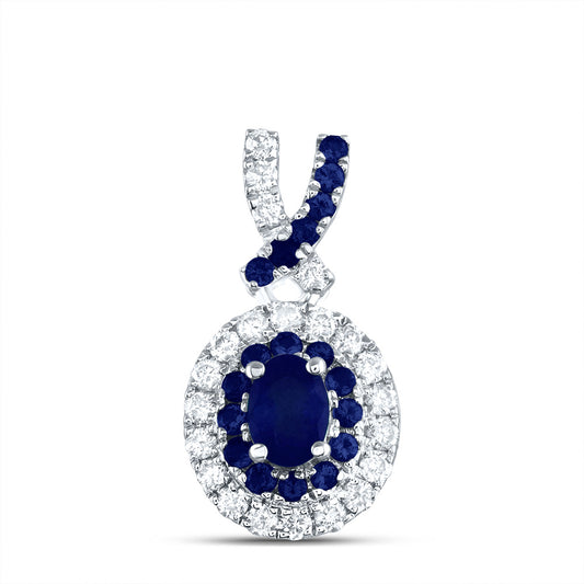 14kt White Gold 1/8 Cttw Diamond Ana M and 1/10 Cttw Round Blue Sapphire, 4x3mm Oval Blue Sapphire, Natural Gem Oval Pendant