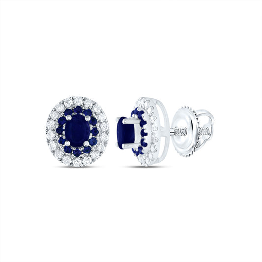 14kt White Gold 1/4 Cttw Diamond Ana M and 1/8 Cttw Round Blue Sapphire, 4x3mm Oval Blue Sapphire, Natural Gem Oval Stud Earring