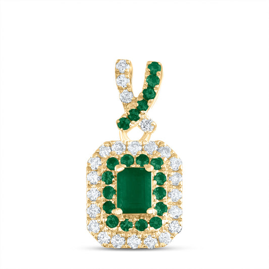 14kt Yellow Gold 1/6 Cttw Diamond Ana M and 1/10 Cttw Round Emerald, 4x3mm Emerald Shape Emerald, Natural Gem Emerald Pendant