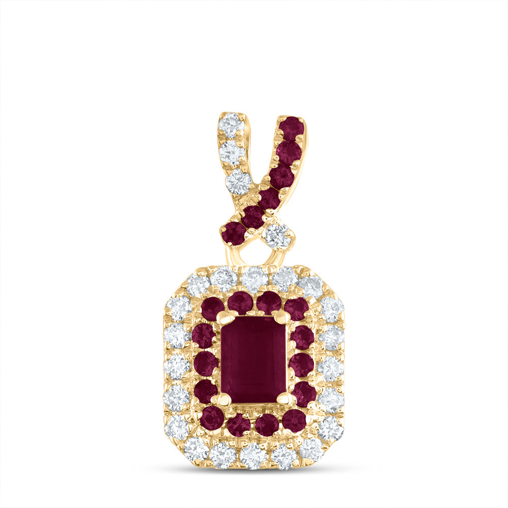 14kt Yellow Gold 1/6 Cttw Diamond Ana M and 1/10 Cttw Round Ruby, 4x3mm Emerald Shape Ruby, Natural Gem Emerald Pendant