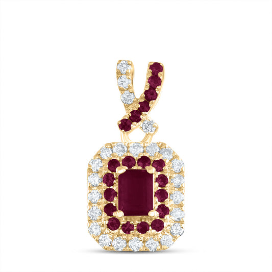 14kt Yellow Gold 1/6 Cttw Diamond Ana M and 1/10 Cttw Round Ruby, 4x3mm Emerald Shape Ruby, Natural Gem Emerald Pendant