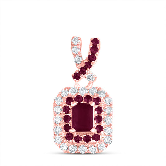 14kt Rose Gold 1/6 Cttw Diamond Ana M and 1/10 Cttw Round Ruby, 4x3mm Emerald Shape Ruby, Natural Gem Emerald Pendant