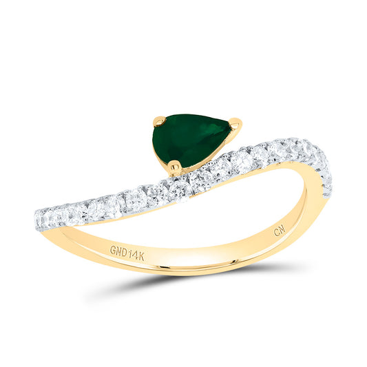 14kt Yellow Gold 1/3 Cttw Diamond 6x4mm Pear Emerald Nat-gem Wedding Engagement Anniversary Ladies Ring, Women Size: 5-9