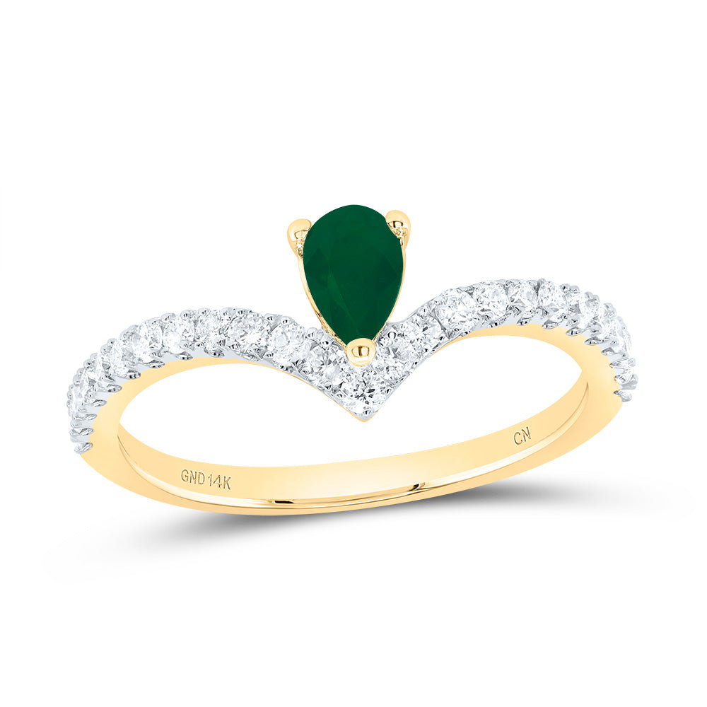 14kt Yellow Gold 1/3 Cttw Diamond 6x4mm Pear Emerald Nat-gem Wedding Engagement Anniversary Ladies Ring, Women Size: 5-9