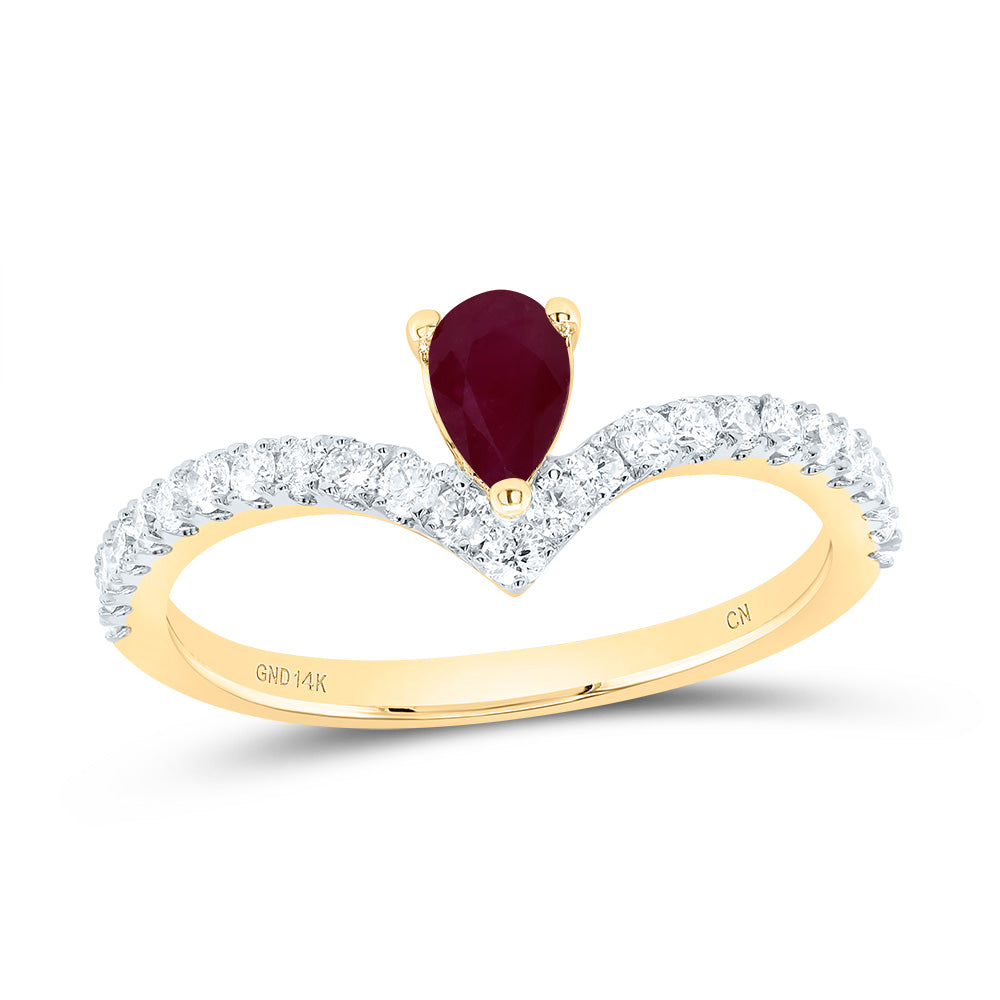 14kt Yellow Gold 1/3 Cttw Diamond 6x4mm Pear Ruby Nat-gem Wedding Engagement Anniversary Ladies Ring, Women Size: 5-9