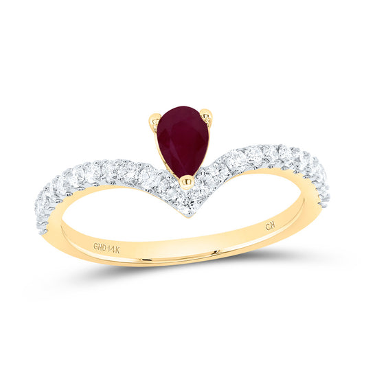 14kt Yellow Gold 1/3 Cttw Diamond 6x4mm Pear Ruby Nat-gem Wedding Engagement Anniversary Ladies Ring, Women Size: 5-9