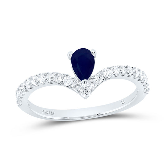 14kt White Gold 1/3 Cttw Diamond 6x4mm Pear Blue Sapphire Nat-gem Wedding Engagement Anniversary Ladies Ring, Women Size: 5-9