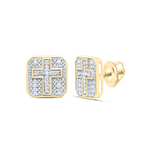 Yellow-tone Sterling 1/8 Cttw Diamond Octagon Cross Men's Stud Earring