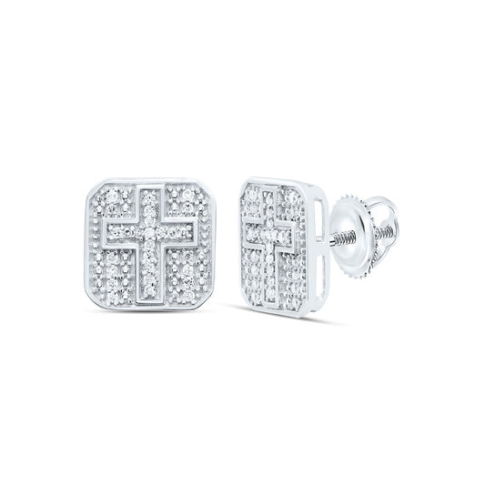 Sterling Silver 1/8 Cttw Diamond Octagon Cross Men's Stud Earring