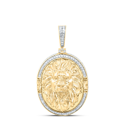 10K Yellow Gold 1 Ctw Diamond Fashion Lion Face Oval Mens Charm