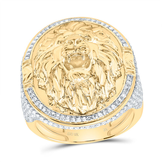 10K Yellow Gold 1 1/2 Ctw Diamond Fashion Lion Face Oval Mens Ring, Mens Size: 8-12