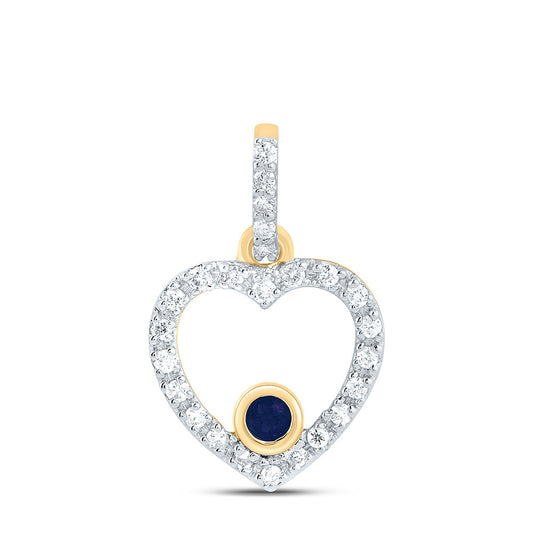 10kt Yellow Gold 1/12 Cttw Natural Diamond 1.8mm Round Blue Sapphire Nat-gem Heart Pendant