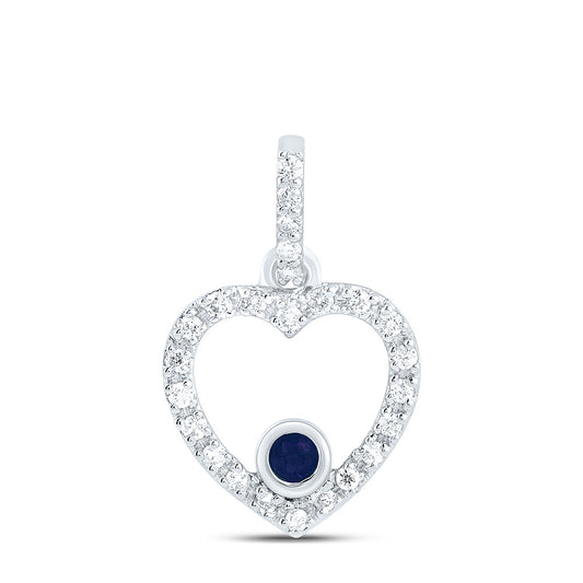 10kt White Gold 1/12 Cttw Diamond 1.8mm Round Blue Sapphire Nat-gem Heart Pendant