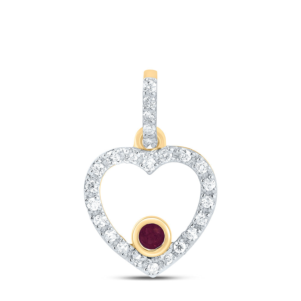 10K Yellow Gold 1/12Cttw Natural Diamond 1.8Mm Round Ruby Heart Pendant
