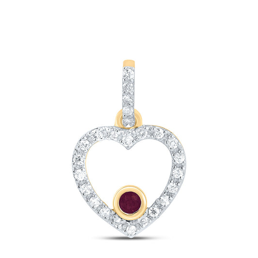 10K Yellow Gold 1/12Cttw Natural Diamond 1.8Mm Round Ruby Heart Pendant