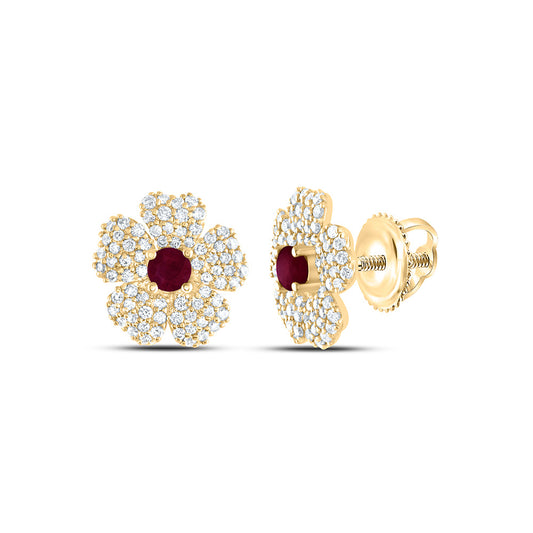 14kt Yellow Gold 3/8 Cttw Natural Diamond Ana M 2.8mm Round Ruby Natural Gem Flower Stud Earring