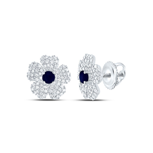 14kt White Gold 3/8 Cttw Natural Diamond Ana M 2.8mm Round Blue Sapphire Natural Gem Flower Stud Earring