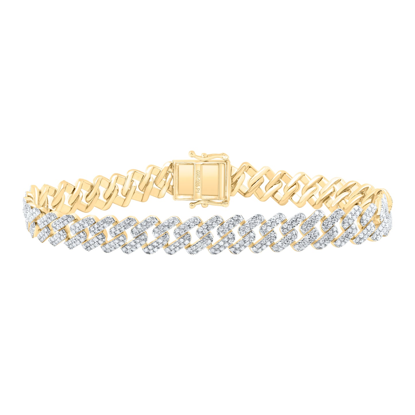 Yellow-tone Sterling 3 1/4 Cttw Natural Diamond 9mm Cuban Men's Bracelet, Length: 8 Inch
