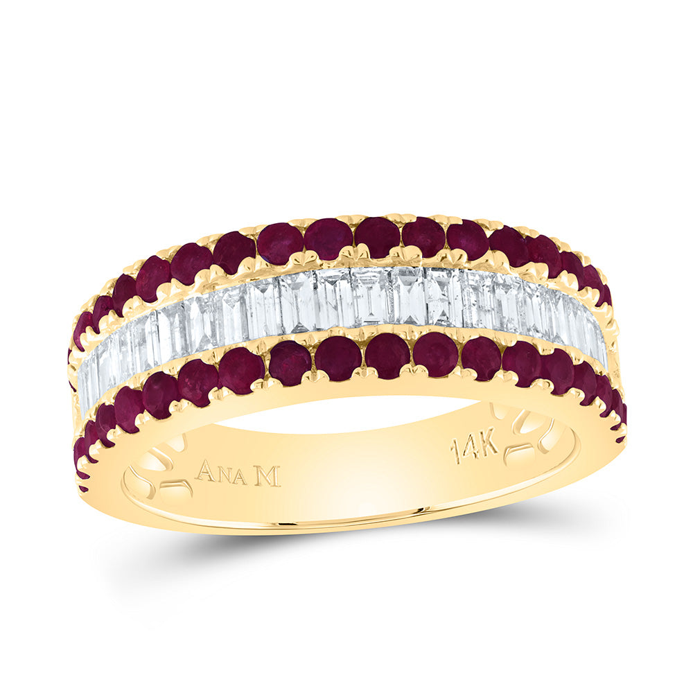 14kt Yellow Gold 3/4 Cttw Diamond Ana M Baguette 7/8 Cttw Round Ruby Natural Gem Bridal Wedding Engagement Anniversary Womens Band, Women Size: 5-9