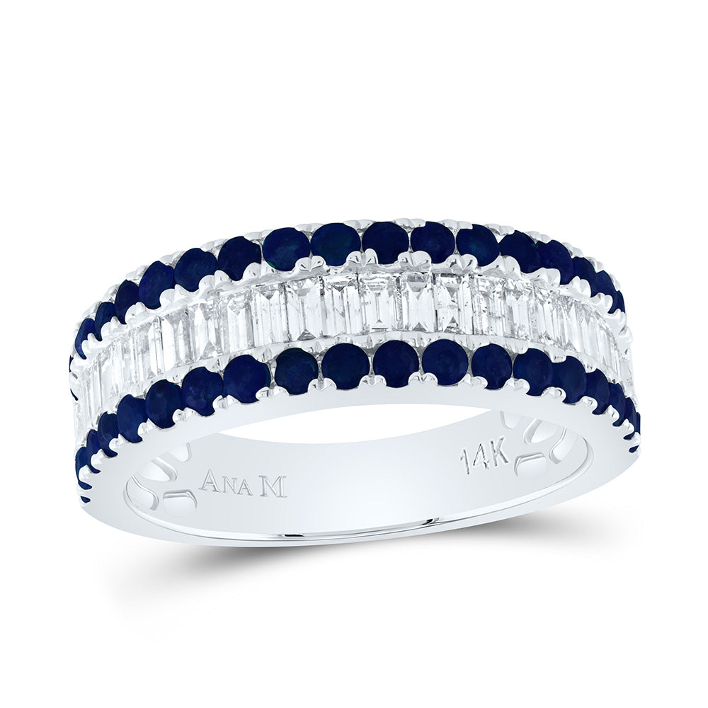 14kt White Gold 3/4 Cttw Diamond Ana M Baguette 7/8 Cttw Round Blue Sapphire Natural Gem Bridal Wedding Engagement Anniversary Womens Band, Women Size: 5-9