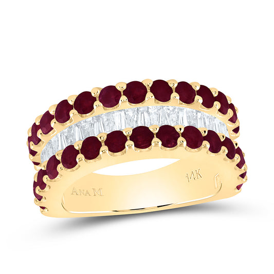 14kt Yellow Gold 3/4 Cttw Natural Diamond Anm 2 1/5 Cttw Round Ruby Natural Gem Baguette Bridal Wedding Engagement Anniversary Womens Band, Women Size: 5-9