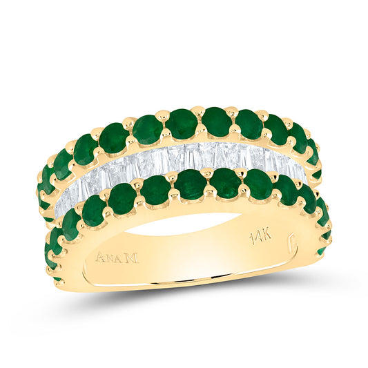 14kt Yellow Gold 3/4 Cttw Diamond and 1 3/4 Cttw Round Emerald Natural Gem Baguette Bridal Wedding Engagement Anniversary Womens Band, Women Size: 5-9