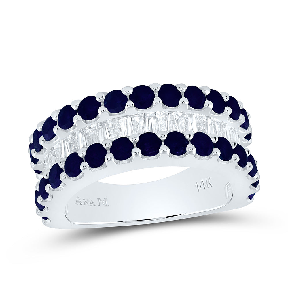 14kt White Gold 3/4 Cttw Diamond and 2 Cttw Round Blue Sapphire Natural Gem Baguette Bridal Wedding Engagement Anniversary Womens Band, Women Size: 5-9