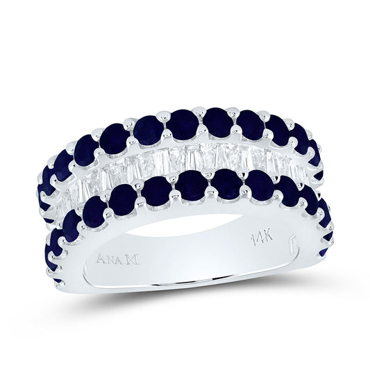 14kt White Gold 3/4 Cttw Diamond and 2 Cttw Round Blue Sapphire Natural Gem Baguette Bridal Wedding Engagement Anniversary Womens Band, Women Size: 5-9