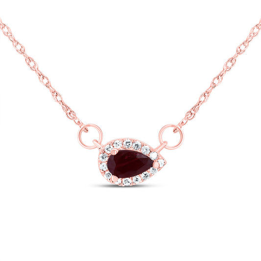 14kt Rose Gold 1/20 Cttw Diamond 5x3mm Pear Ruby Natural Gem Pear Necklace, Length: 18 Inch