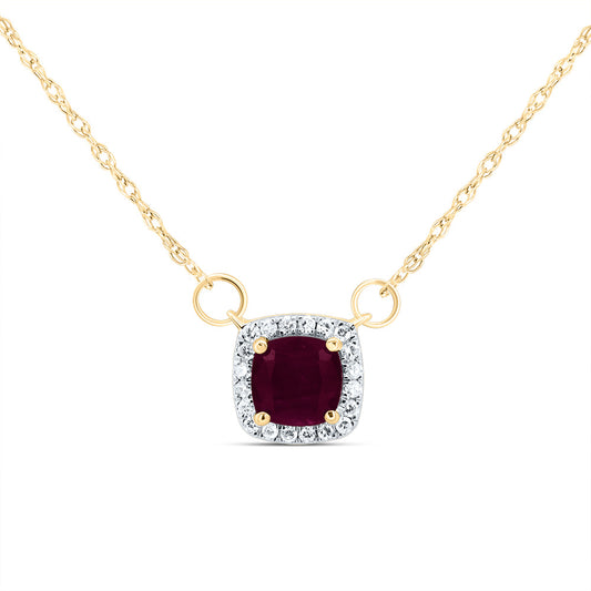 14kt Yellow Gold 1/12 Cttw Diamond 5x5mm Cushion Ruby Natural Gem Cushion Necklace, Length: 18 Inch