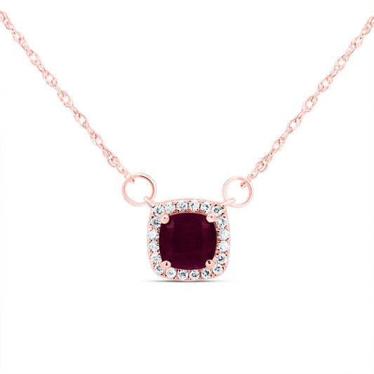 14kt Rose Gold 1/12 Cttw Diamond 5x5mm Cushion Ruby Natural Gem Cushion Necklace, Length: 18 Inch